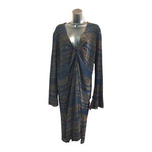 Zara dark blue gold metallic shimmer caftan tunic look‎ twist front dress size M